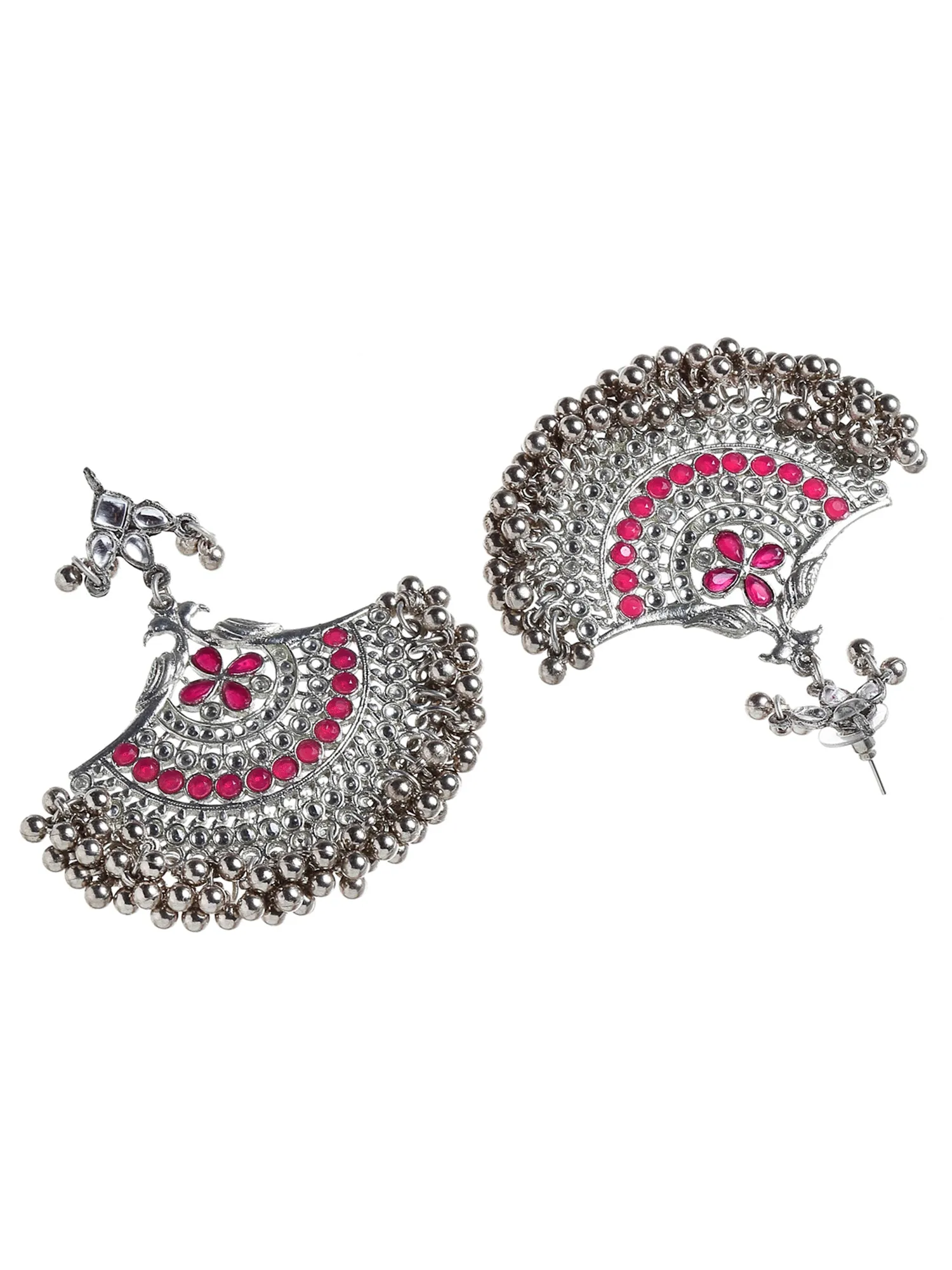 Peacock Shaped Oxidised Silver Ruby Red Kundan Chandbali Earrings