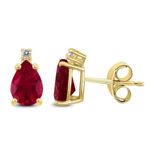 Pear Ruby and Diamond Stud Earrings in Yellow Gold