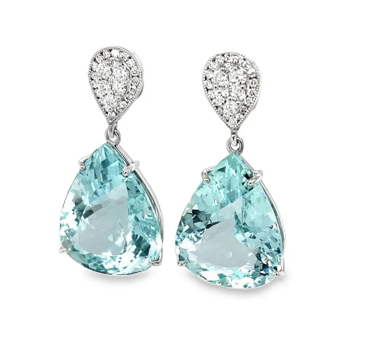 Pear Shape Aquamarine and Diamond Drop Earrings in 18k Gold, 29.03 Carats Total