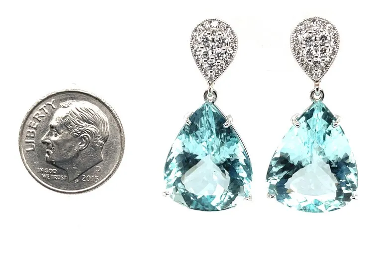 Pear Shape Aquamarine and Diamond Drop Earrings in 18k Gold, 29.03 Carats Total