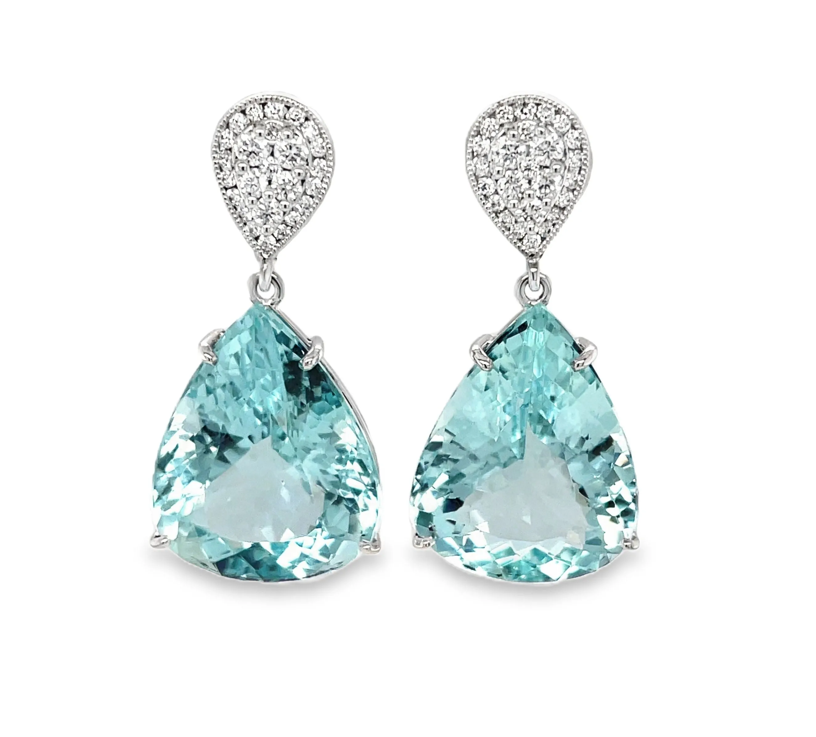 Pear Shape Aquamarine and Diamond Drop Earrings in 18k Gold, 29.03 Carats Total