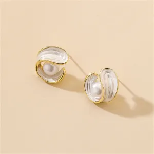 Pearl & White Enamel 18K Gold-Plated Irregular Swirl Stud Earrings
