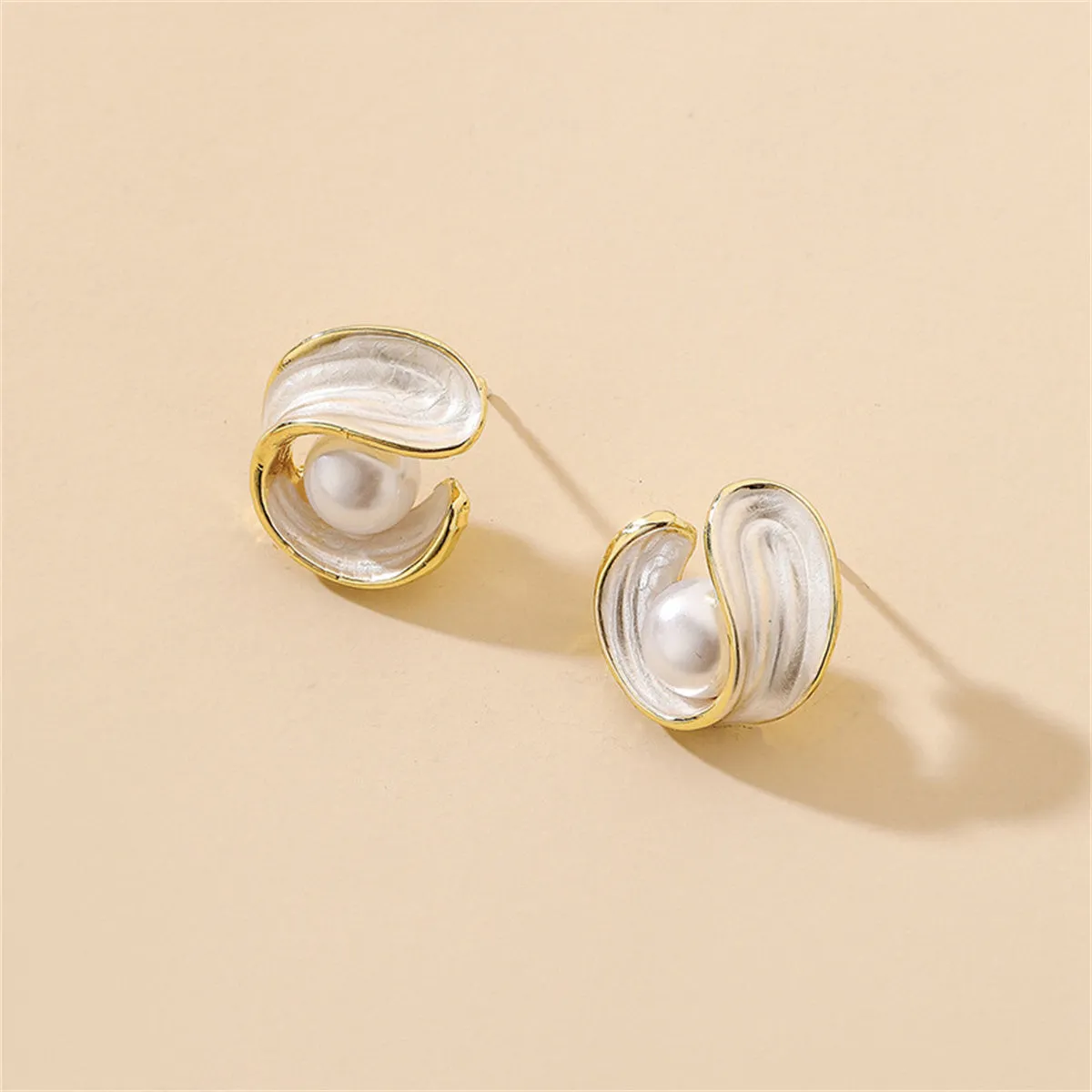 Pearl & White Enamel 18K Gold-Plated Irregular Swirl Stud Earrings