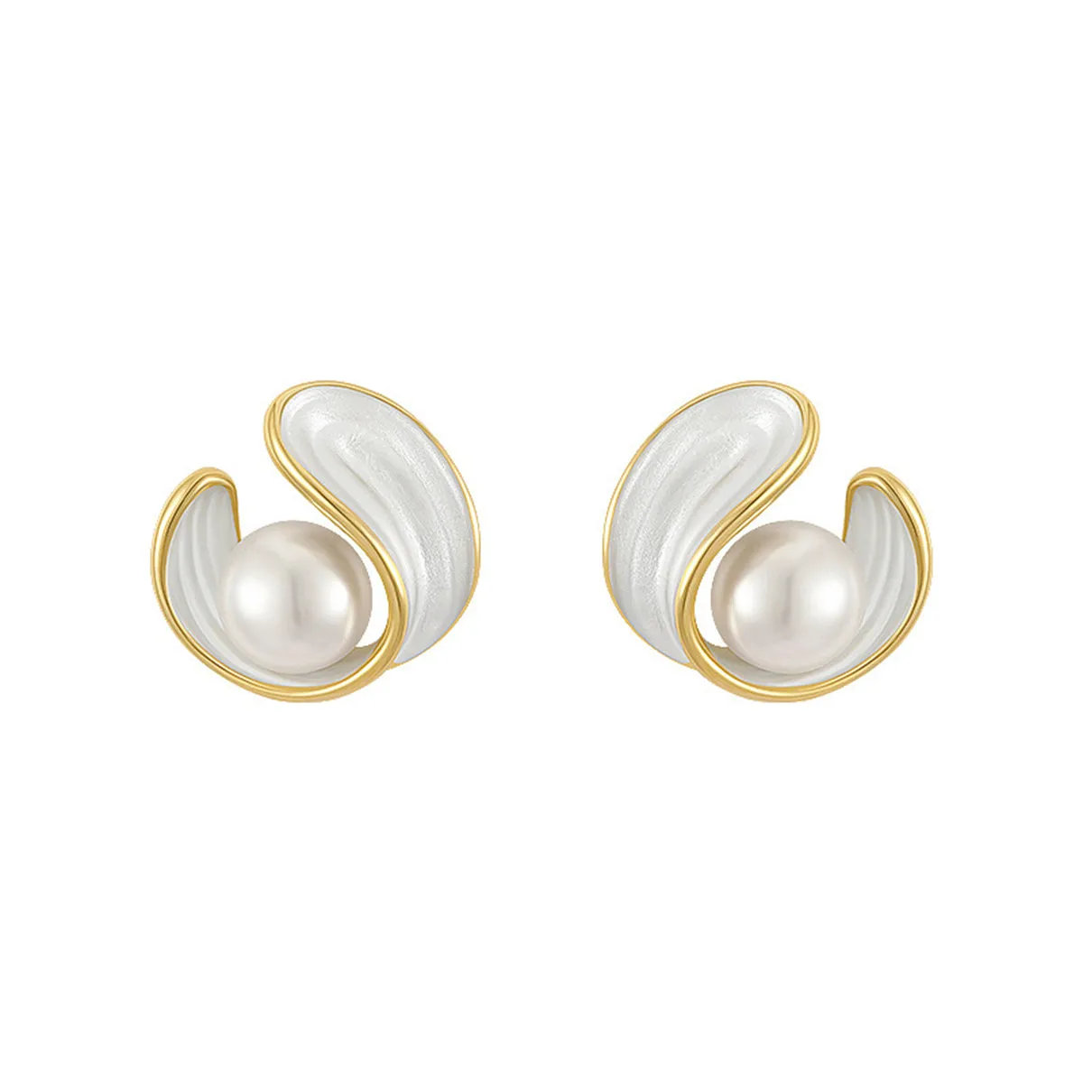 Pearl & White Enamel 18K Gold-Plated Irregular Swirl Stud Earrings