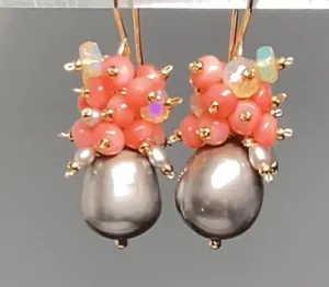 Pearl and Coral Cluster Earrings with Opals