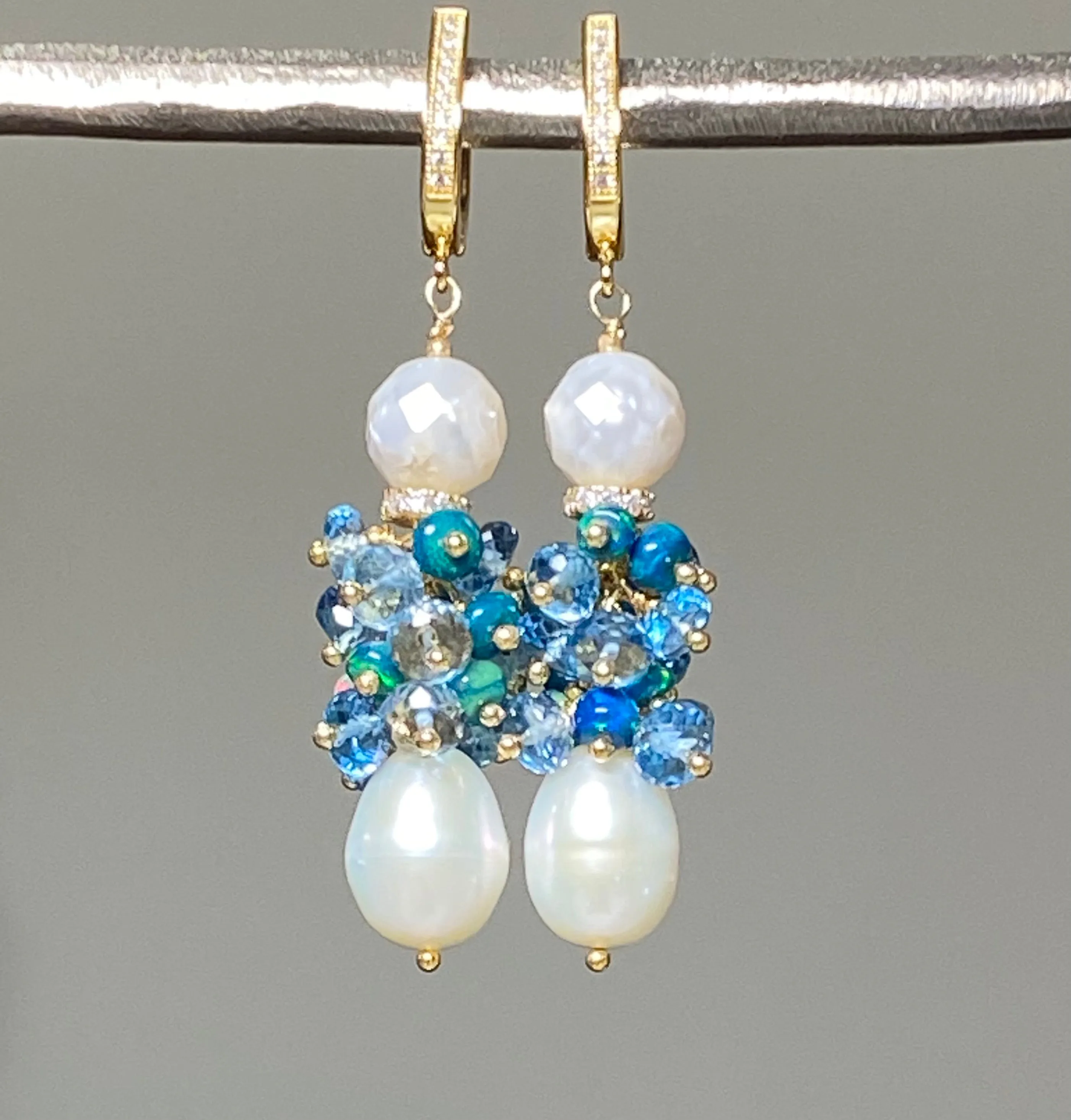 Pearl and London Blue Topaz and Opal Cluster Earrings