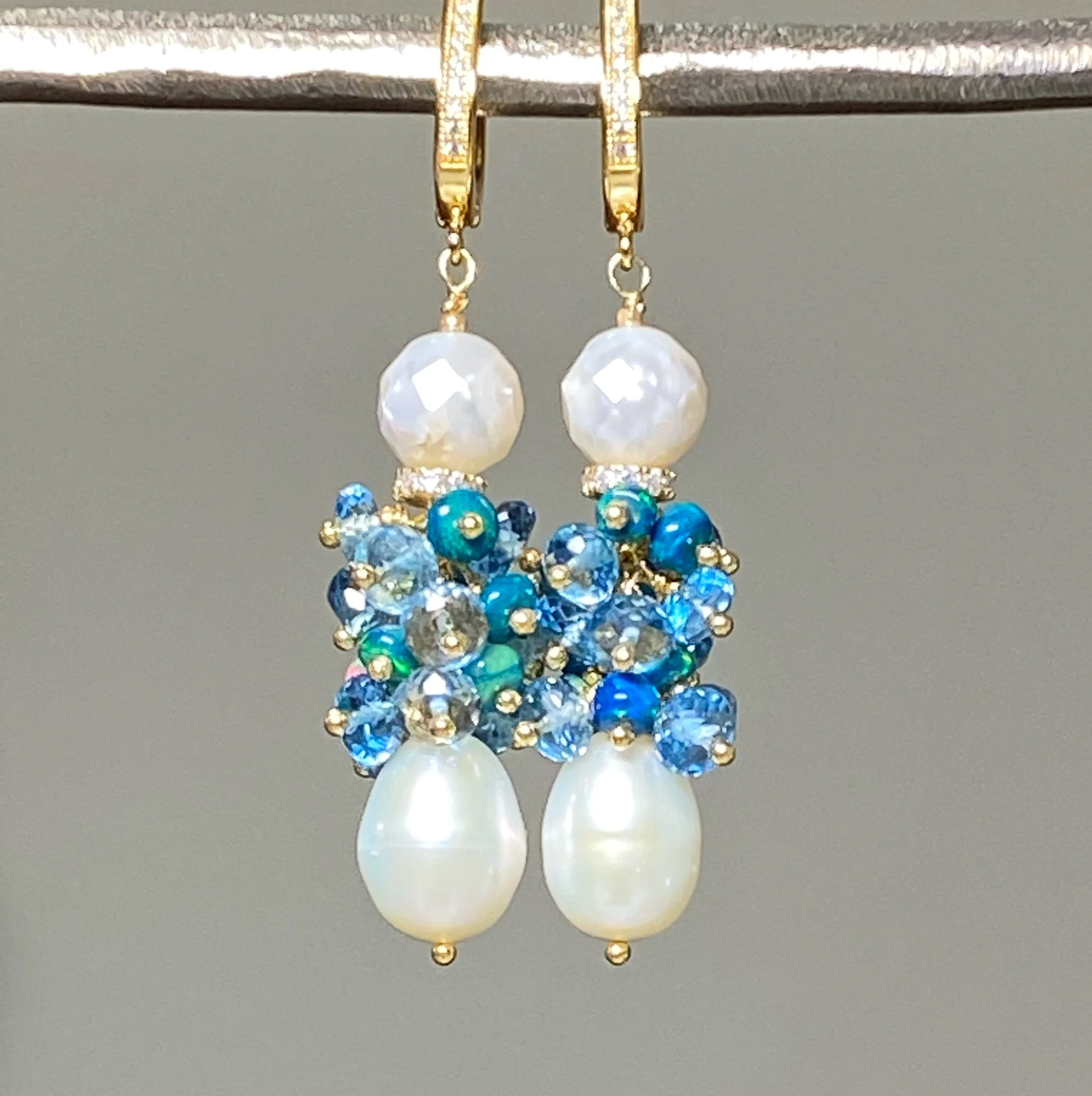 Pearl and London Blue Topaz and Opal Cluster Earrings