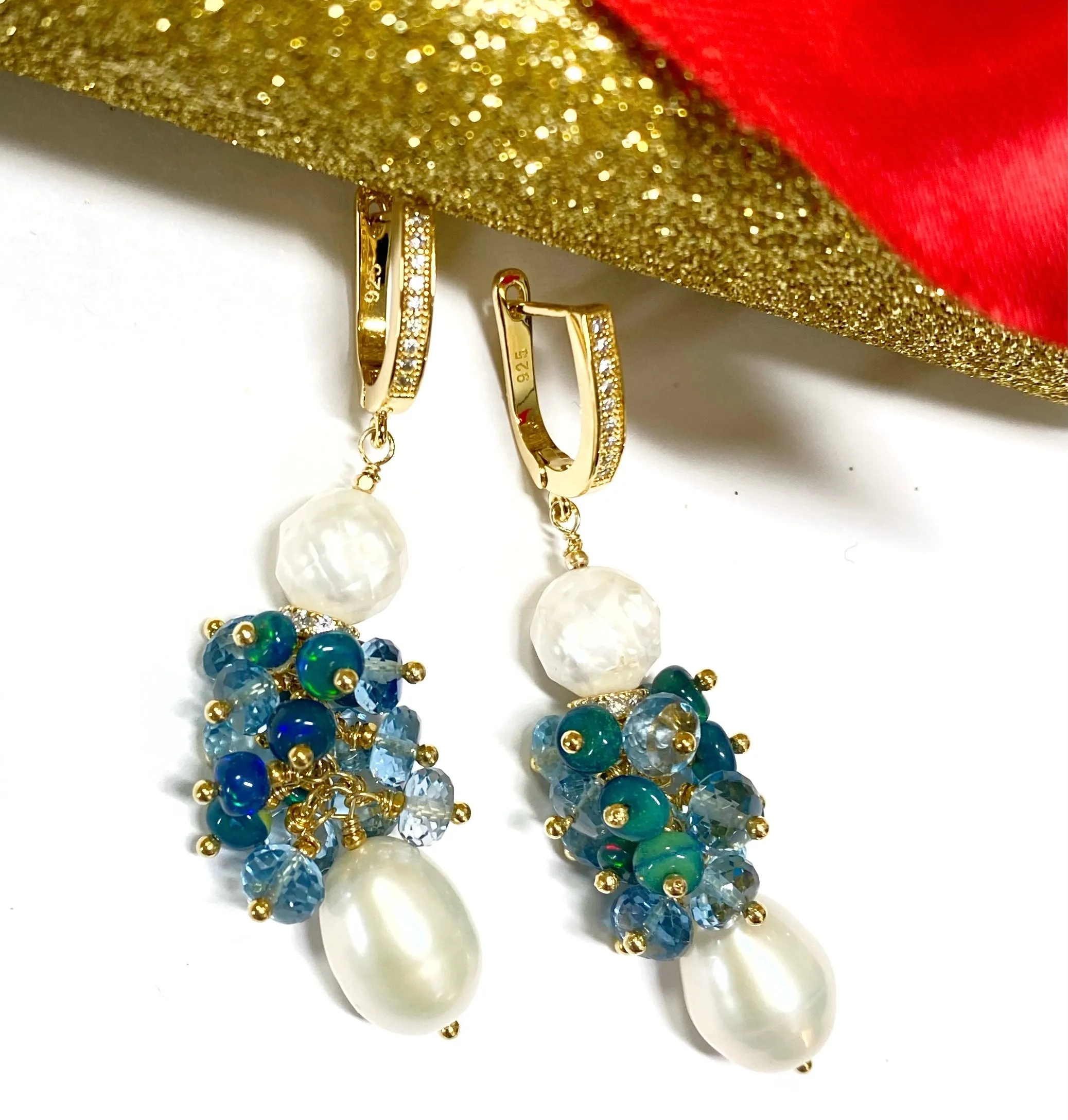 Pearl and London Blue Topaz and Opal Cluster Earrings