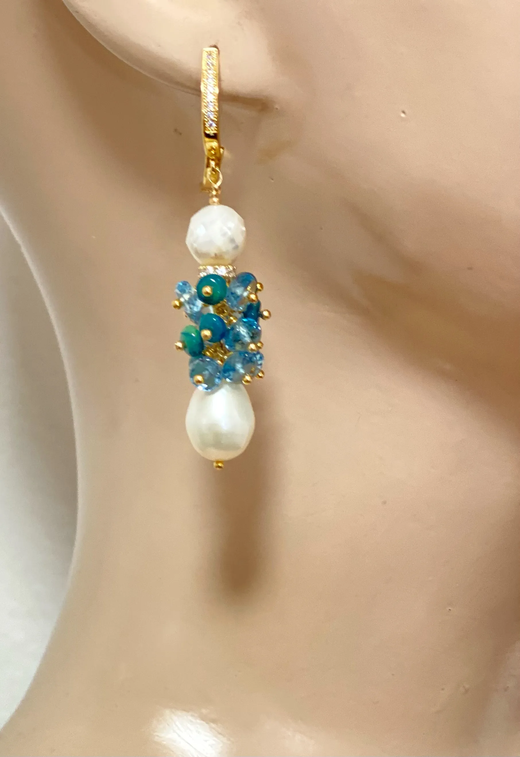 Pearl and London Blue Topaz and Opal Cluster Earrings