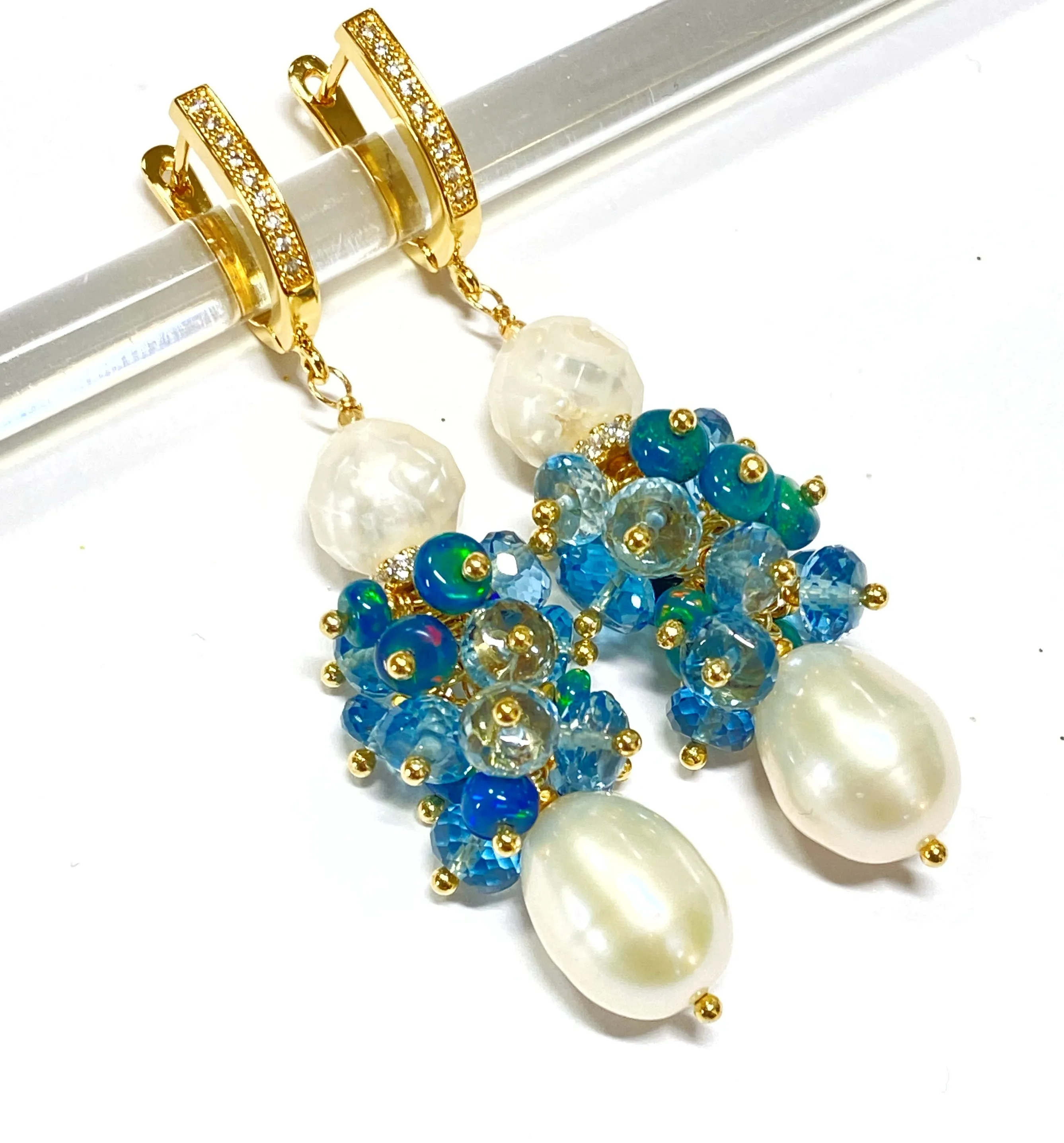 Pearl and London Blue Topaz and Opal Cluster Earrings