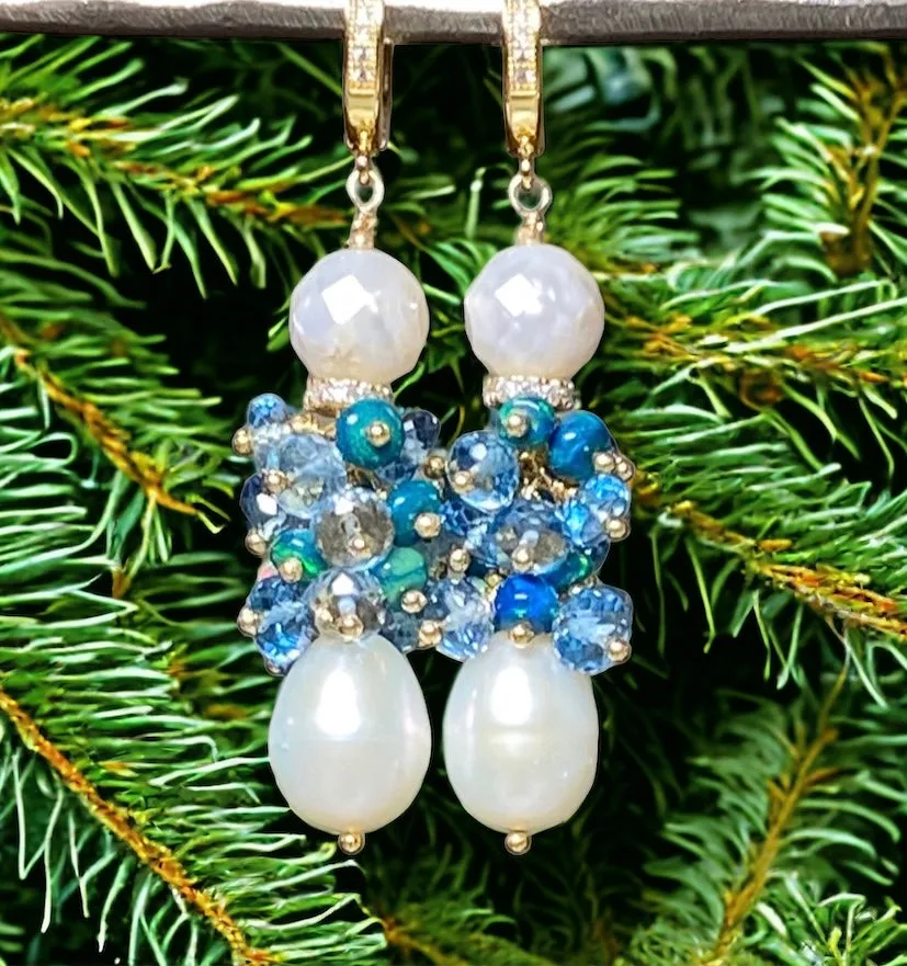 Pearl and London Blue Topaz and Opal Cluster Earrings