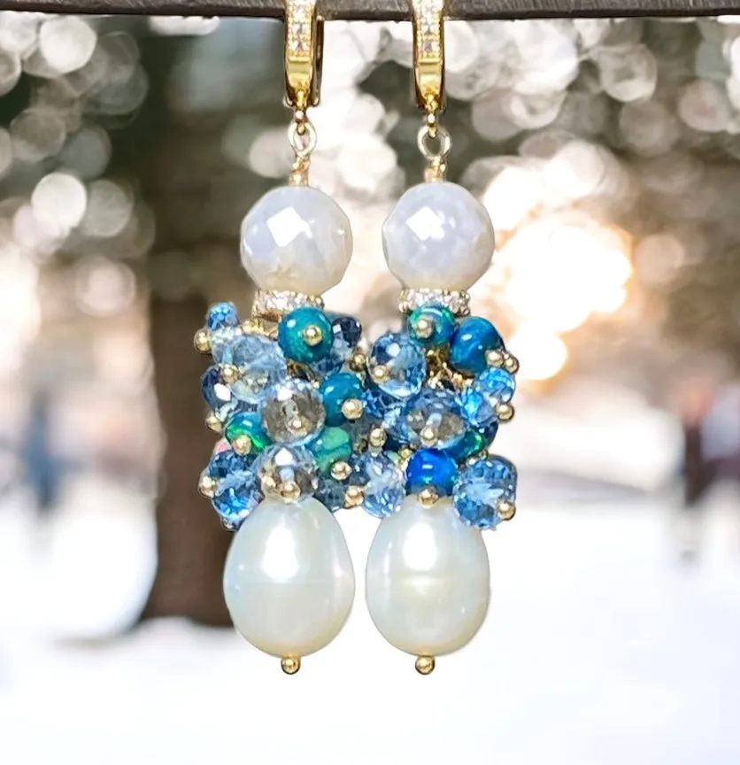 Pearl and London Blue Topaz and Opal Cluster Earrings