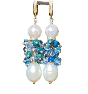 Pearl and London Blue Topaz and Opal Cluster Earrings