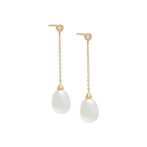 Pearl Chain Drop Stud Earrings 14K