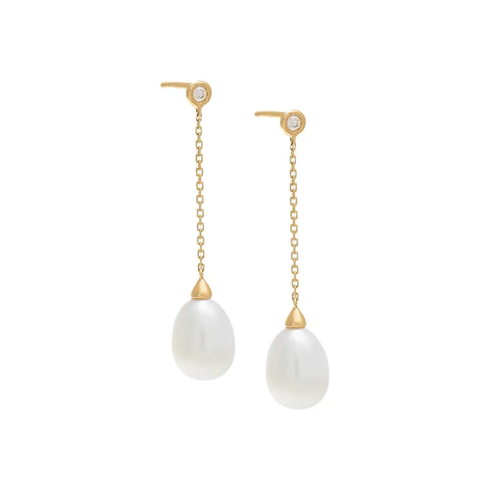 Pearl Chain Drop Stud Earrings 14K