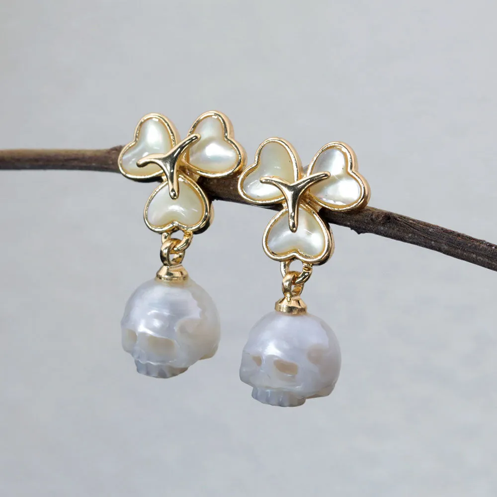 Pearl Cranium Three Leaf Clover Stud Earrings