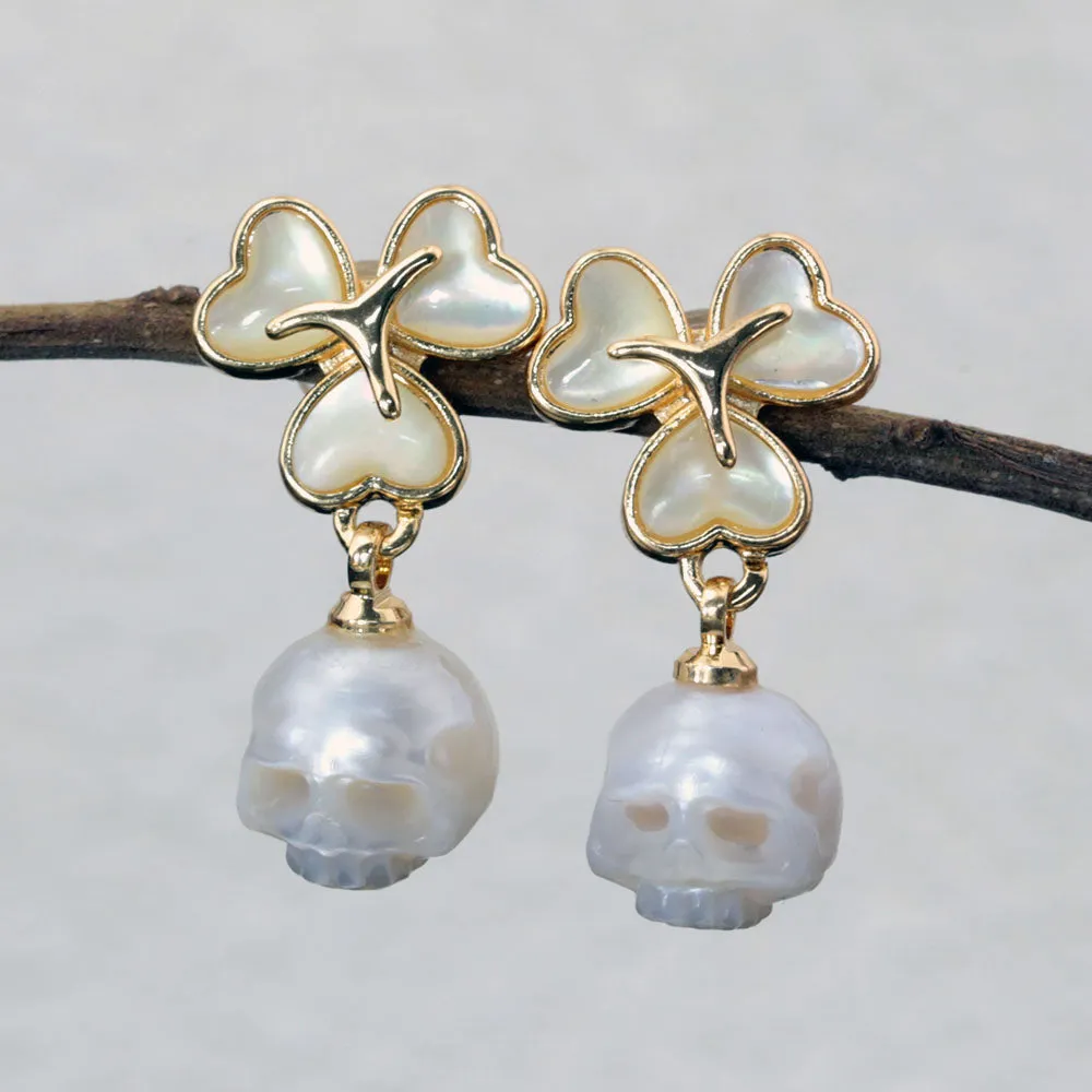 Pearl Cranium Three Leaf Clover Stud Earrings