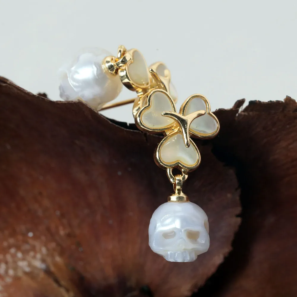 Pearl Cranium Three Leaf Clover Stud Earrings