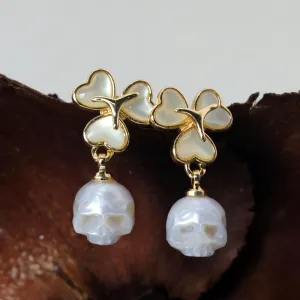 Pearl Cranium Three Leaf Clover Stud Earrings