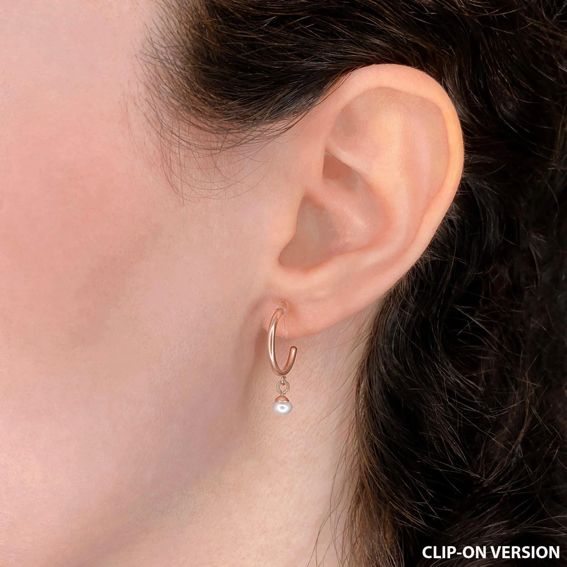 PEARL DANGLE HUGGIE HOOP CLIP-ON EARRINGS IN ROSE GOLD