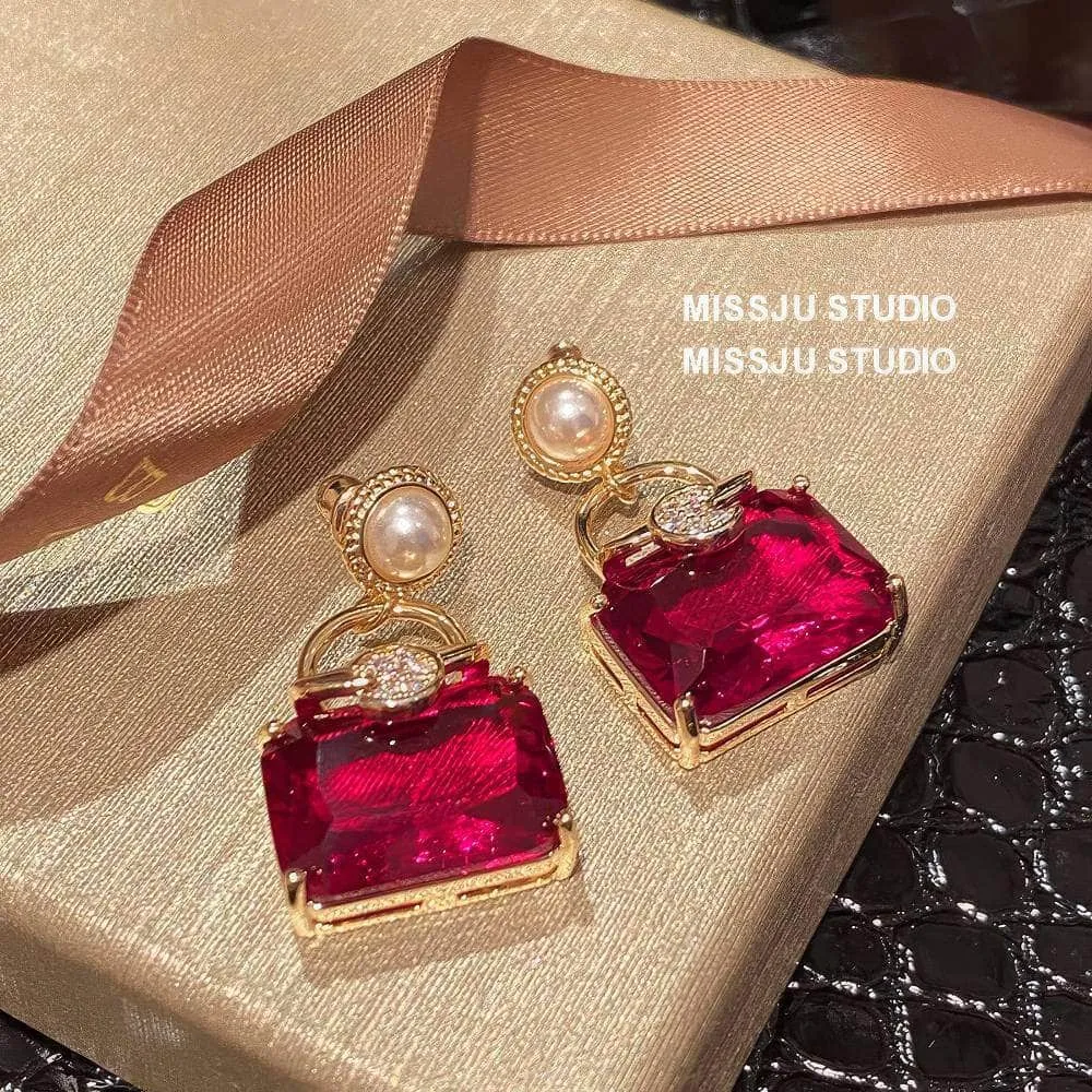 Pearl Embellished Ruby Gemstone Square Earrings