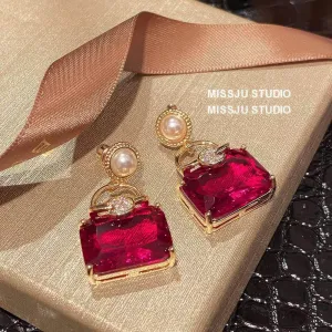 Pearl Embellished Ruby Gemstone Square Earrings