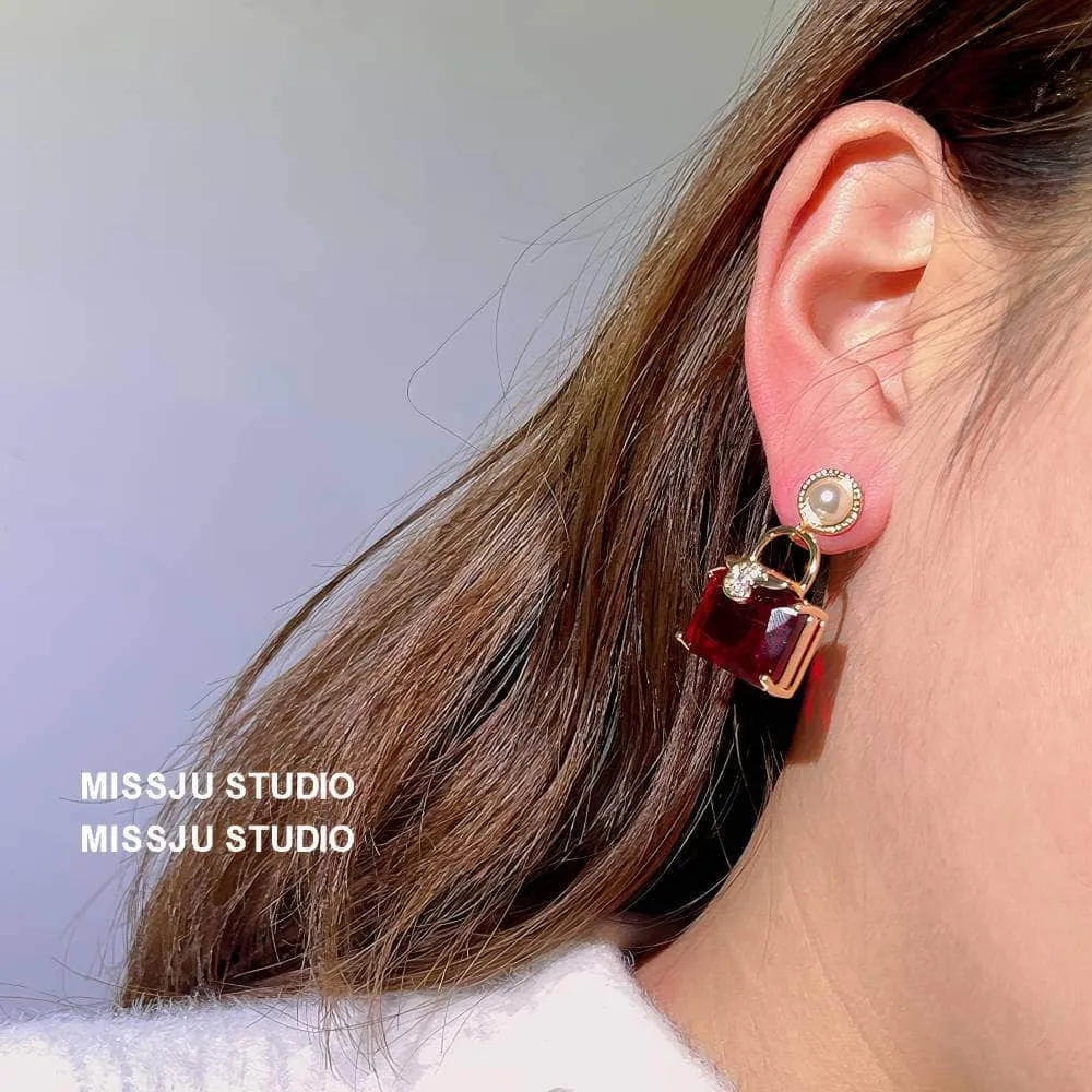 Pearl Embellished Ruby Gemstone Square Earrings