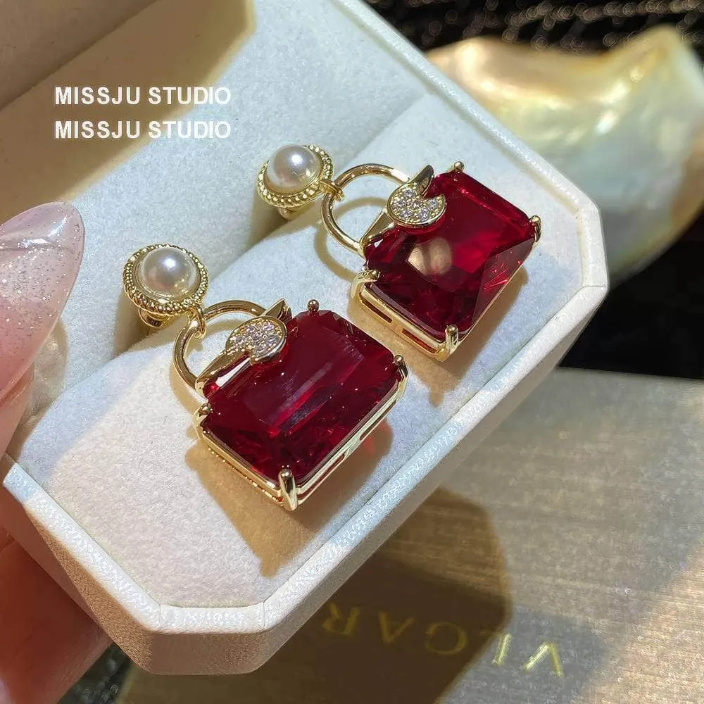 Pearl Embellished Ruby Gemstone Square Earrings