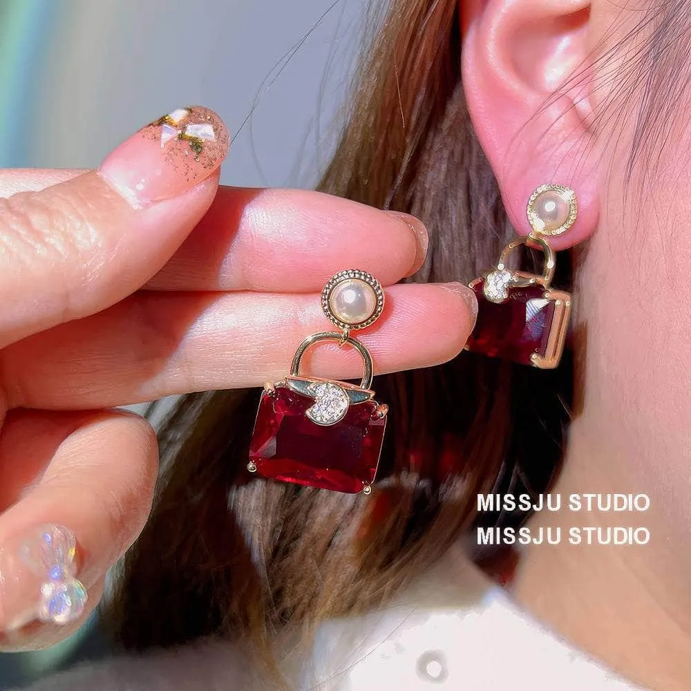 Pearl Embellished Ruby Gemstone Square Earrings