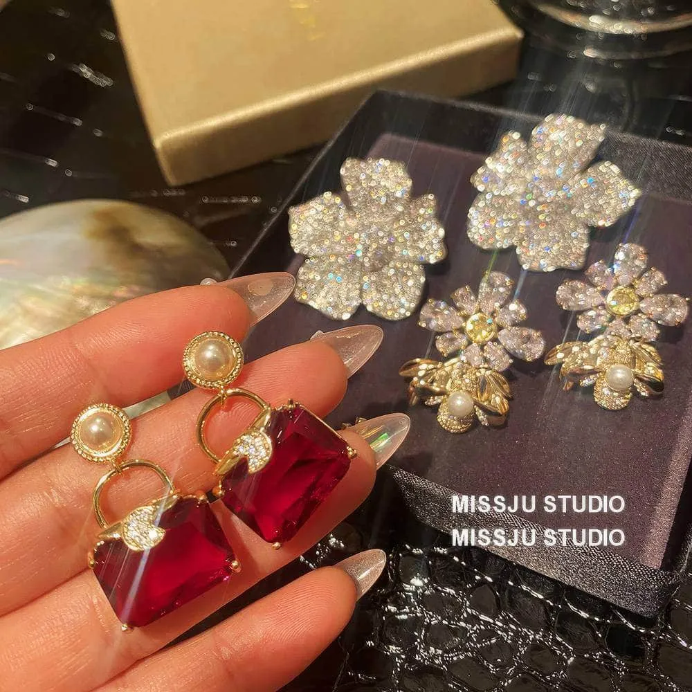 Pearl Embellished Ruby Gemstone Square Earrings