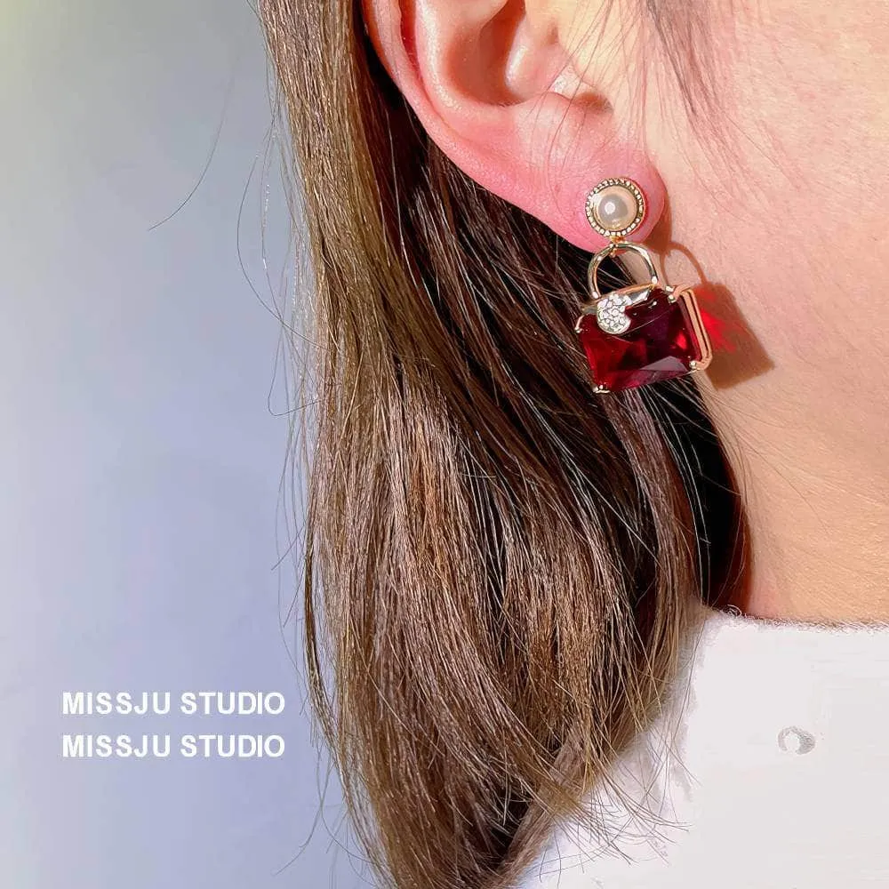 Pearl Embellished Ruby Gemstone Square Earrings
