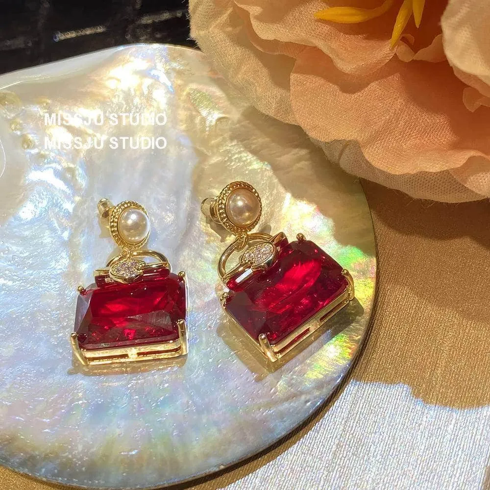 Pearl Embellished Ruby Gemstone Square Earrings