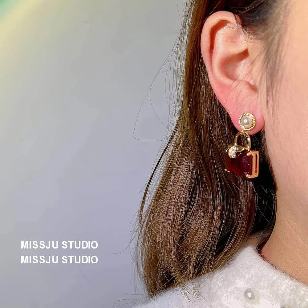 Pearl Embellished Ruby Gemstone Square Earrings