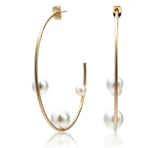 Pearly Hoop Earrings: 18k Gold Plated Stainless Steel, Hypoallergenic, 5.7cm