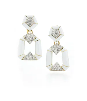 Pentagon Bamboo Earrings, White Enamel