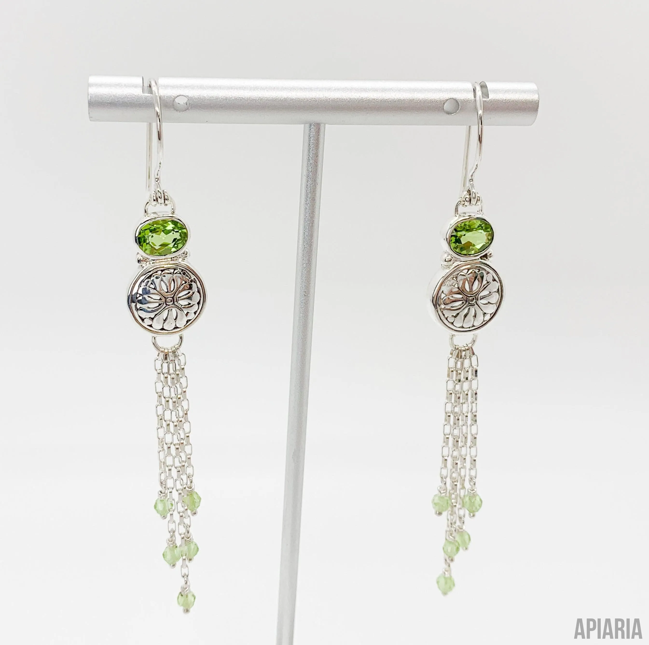 Peridot and Carved Silver Disc Hook Earrings