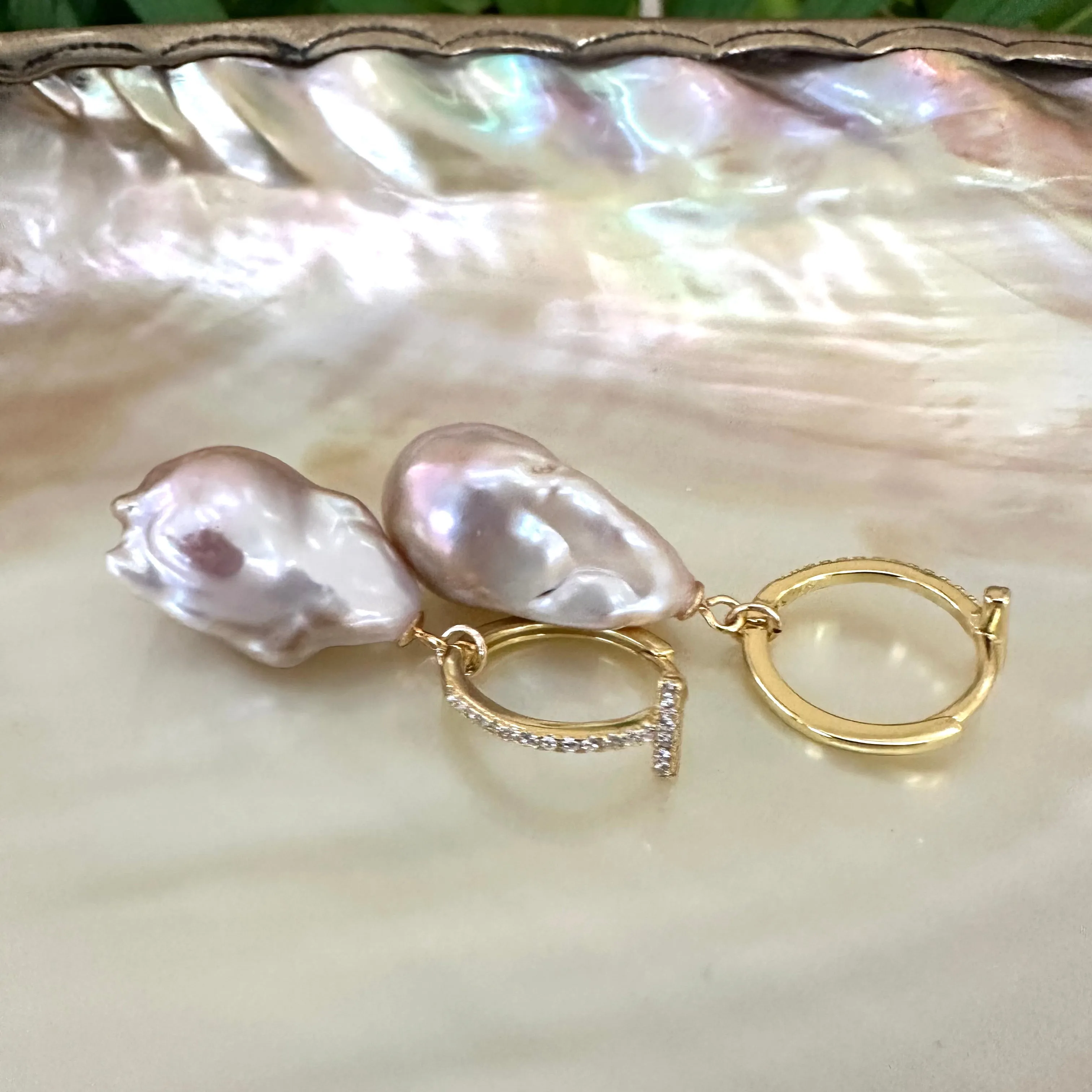 Pink Baroque Pearl Hoop Earrings in Gold