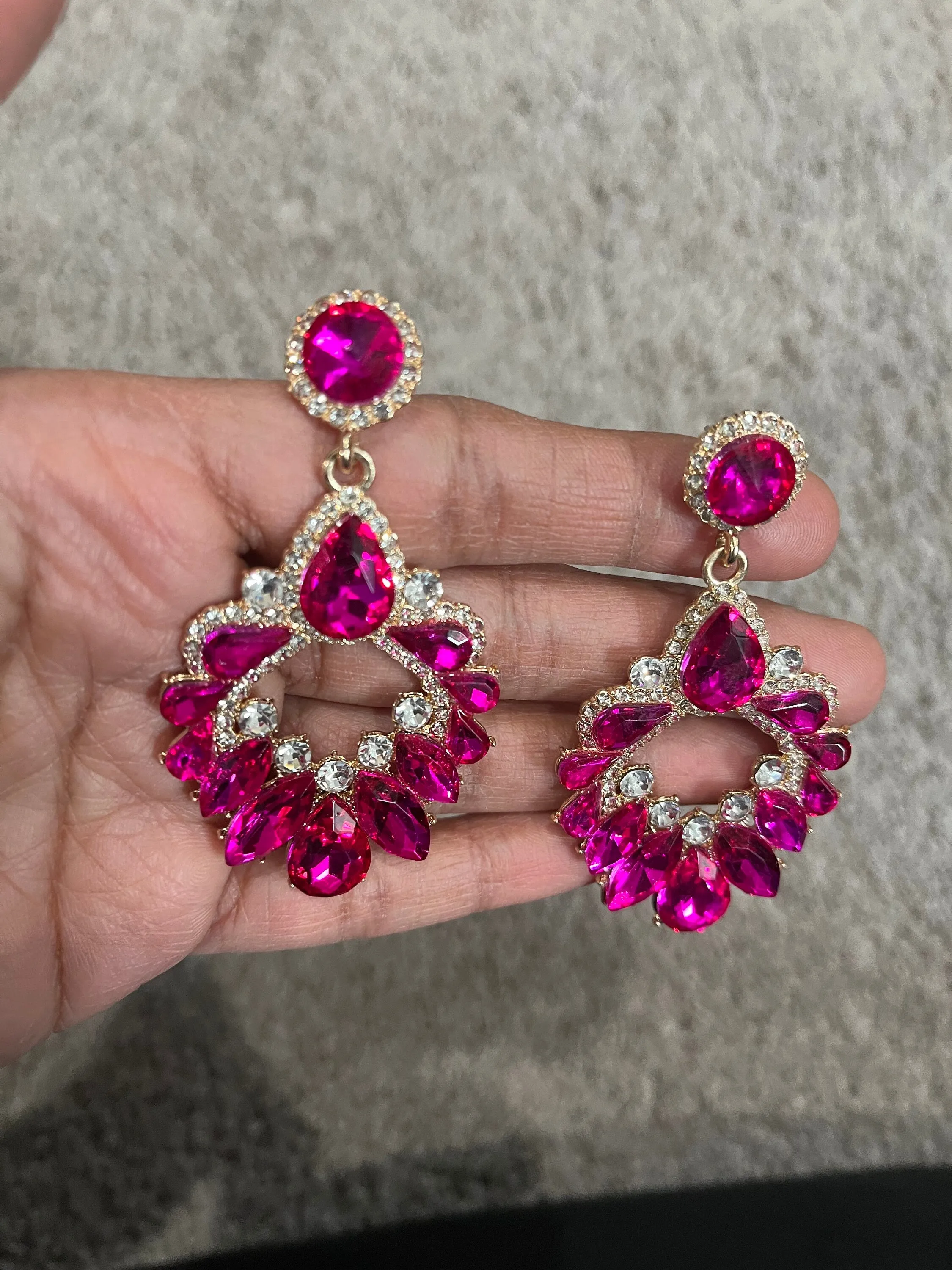 Pink rhinestone earring , long magenta fuchsia earrings  , big dark pink crystal earring  , large bright pink earring