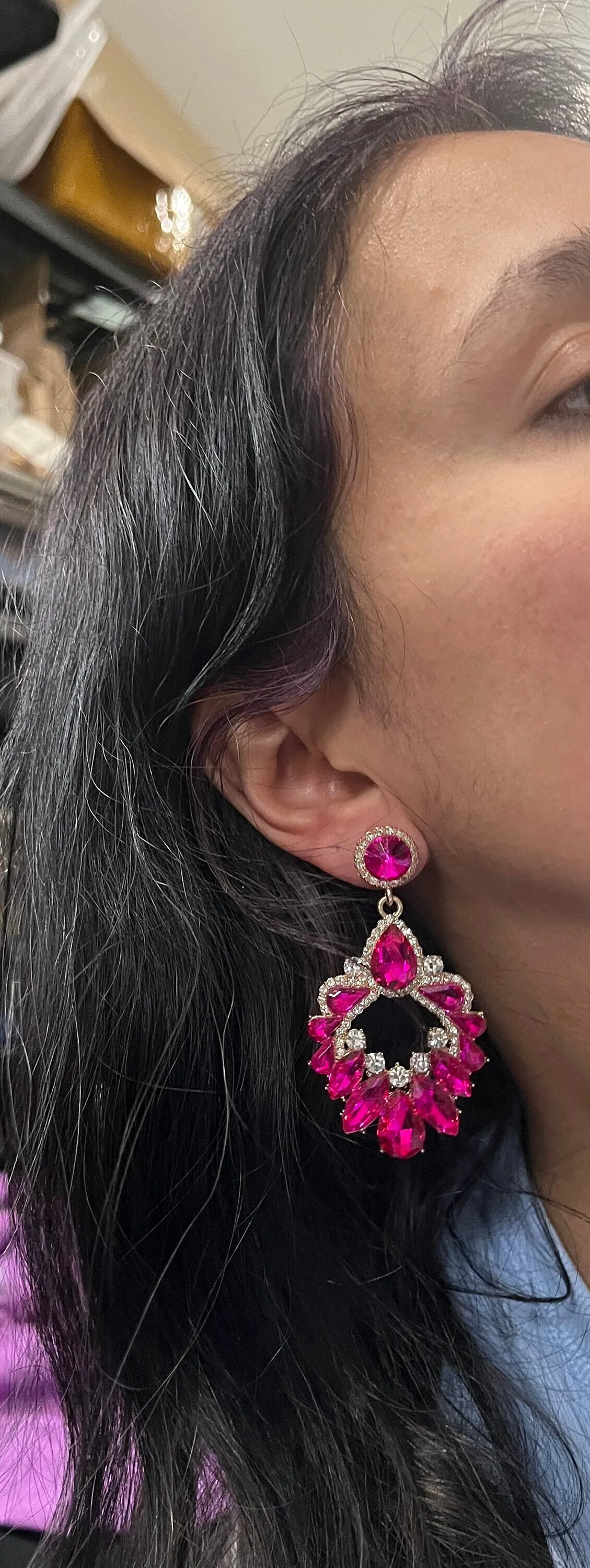 Pink rhinestone earring , long magenta fuchsia earrings  , big dark pink crystal earring  , large bright pink earring