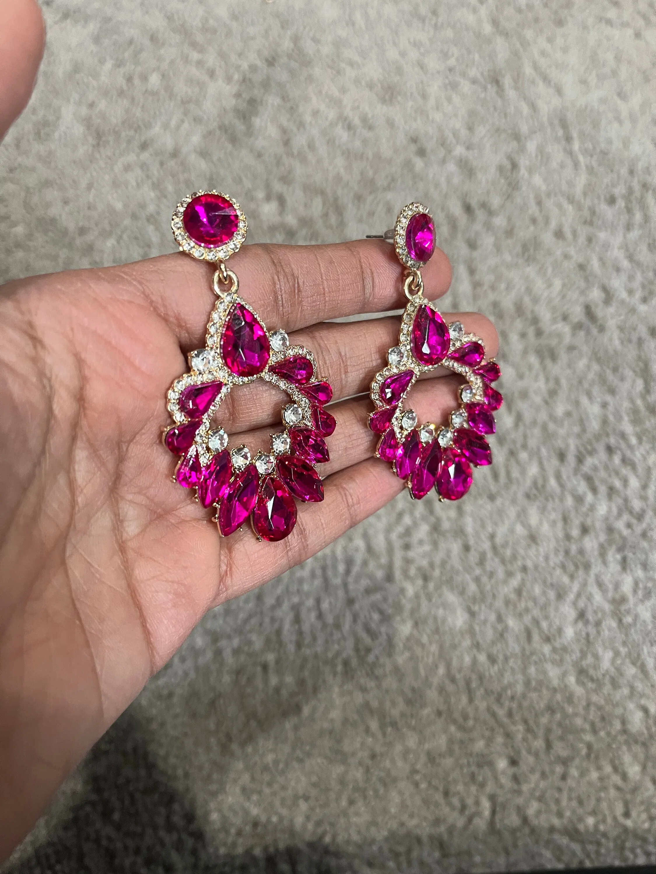 Pink rhinestone earring , long magenta fuchsia earrings  , big dark pink crystal earring  , large bright pink earring