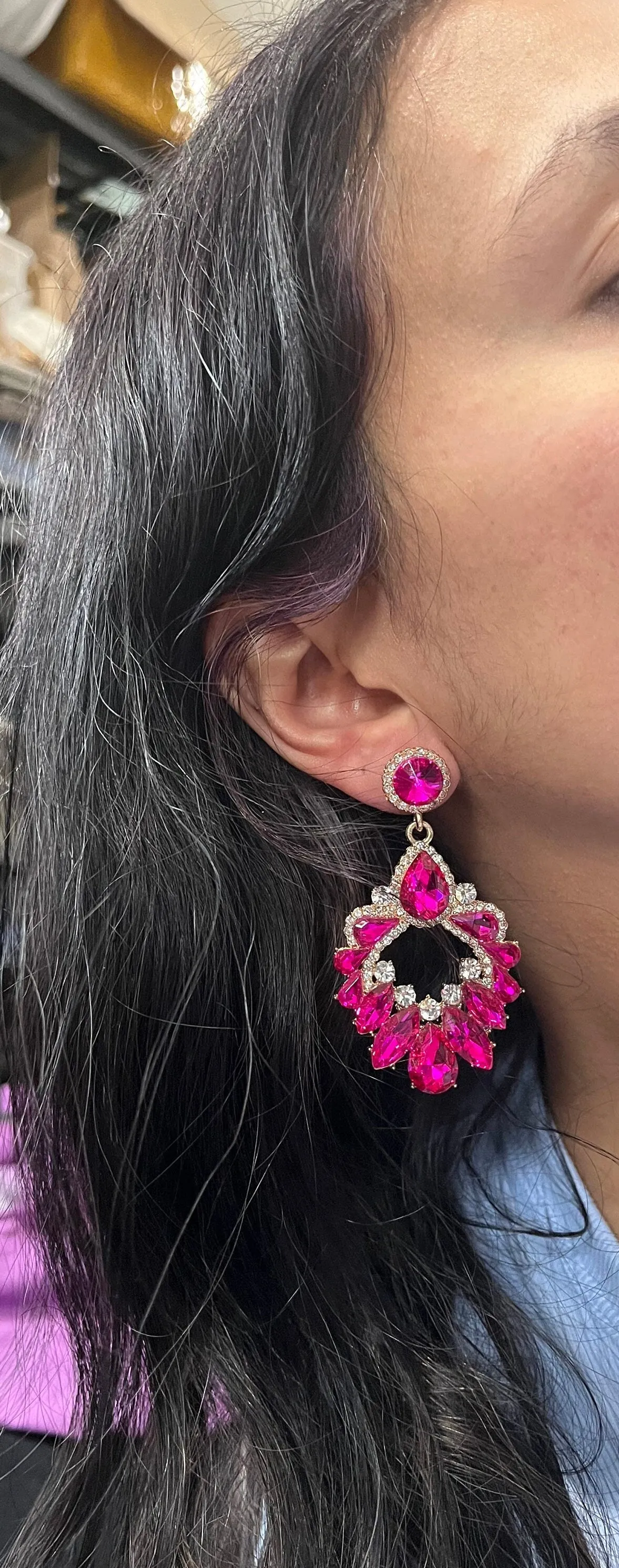 Pink rhinestone earring , long magenta fuchsia earrings  , big dark pink crystal earring  , large bright pink earring