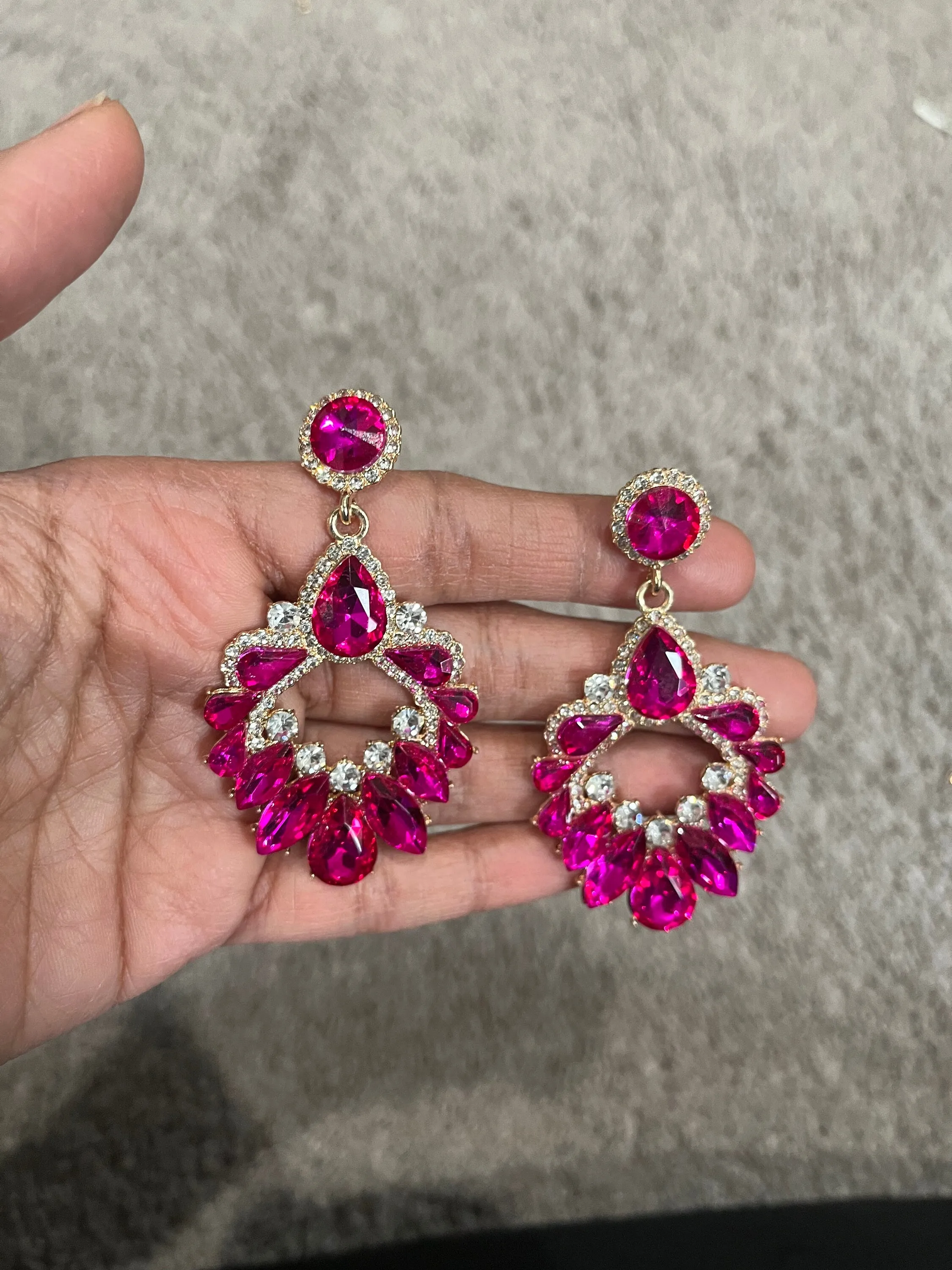 Pink rhinestone earring , long magenta fuchsia earrings  , big dark pink crystal earring  , large bright pink earring
