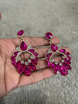 Pink rhinestone earring , long magenta fuchsia earrings  , big dark pink crystal earring  , large bright pink earring