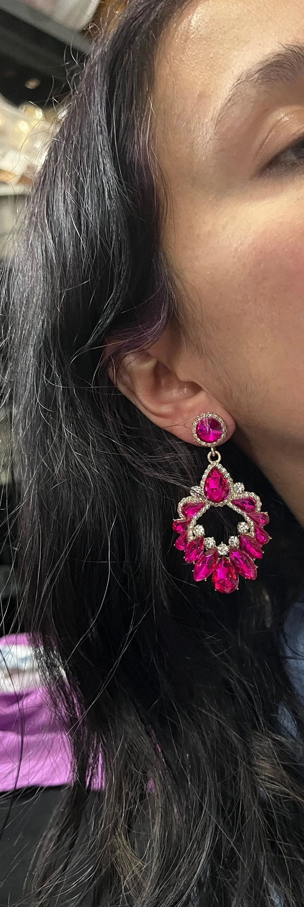Pink rhinestone earring , long magenta fuchsia earrings  , big dark pink crystal earring  , large bright pink earring