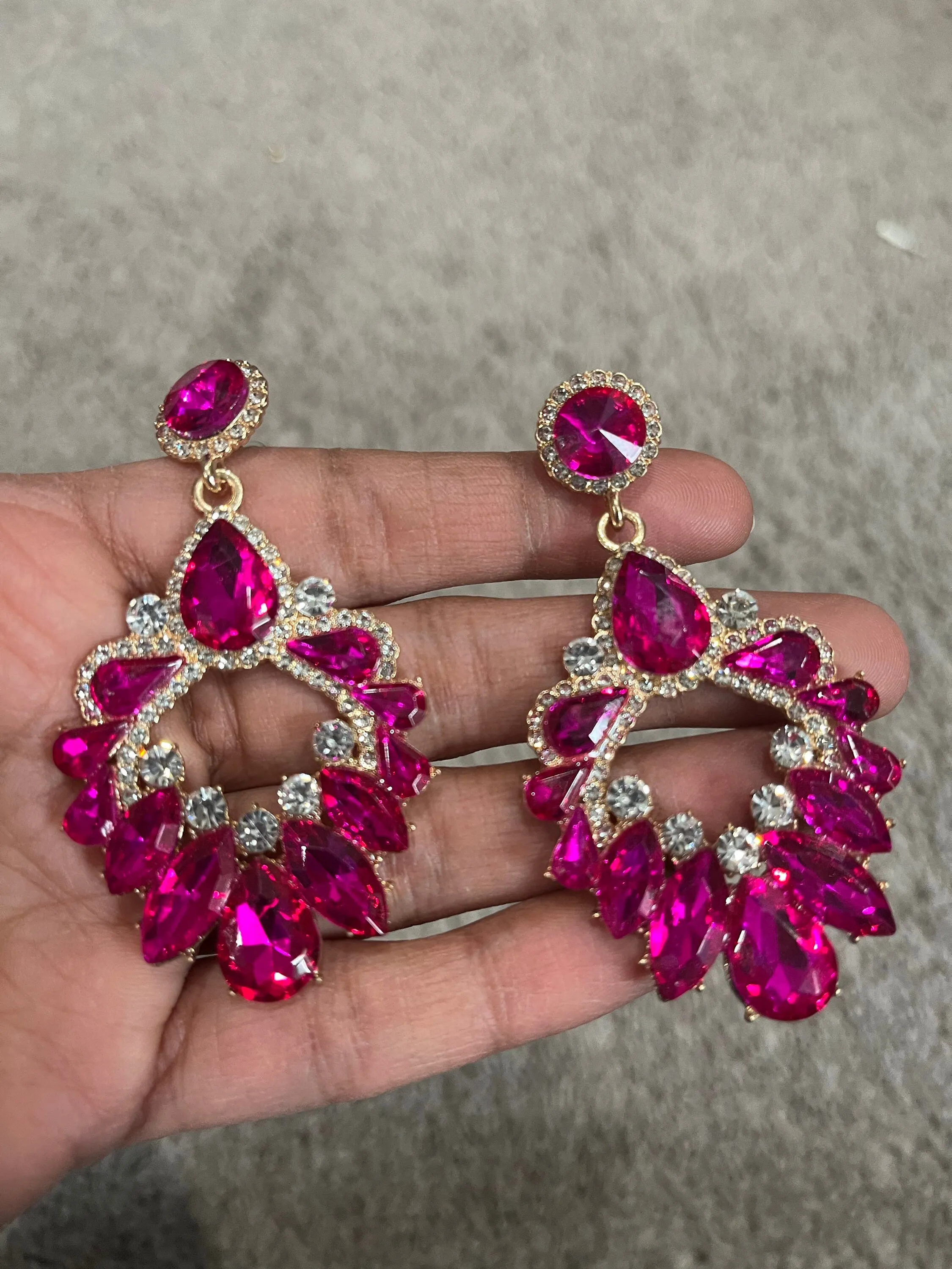 Pink rhinestone earring , long magenta fuchsia earrings  , big dark pink crystal earring  , large bright pink earring