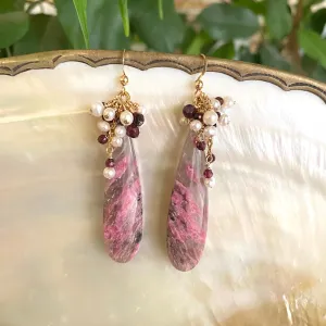Pink Rhodonite Teardrop Earrings, Garnet & Pearl Cluster, 14K GF