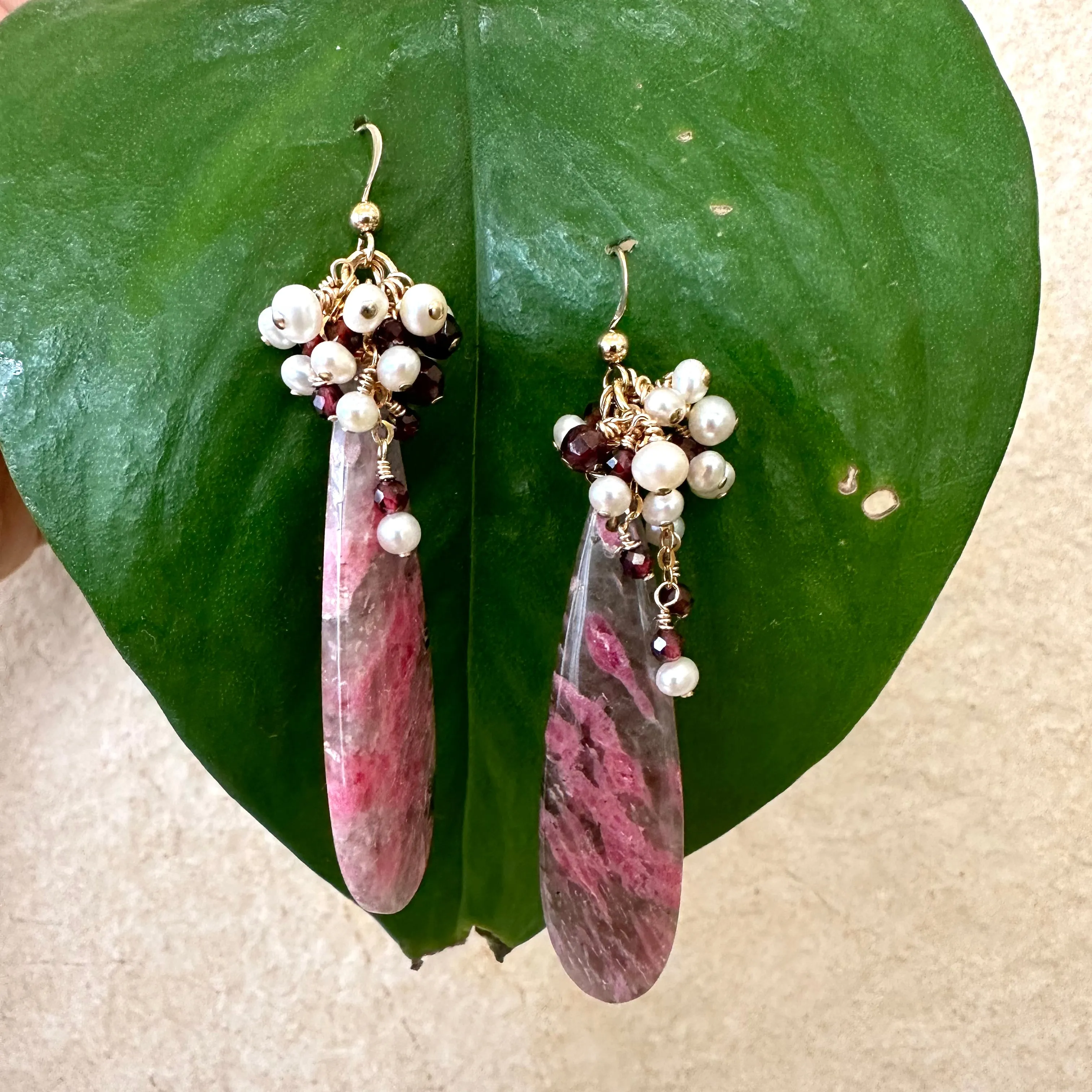 Pink Rhodonite Teardrop Earrings, Garnet & Pearl Cluster, 14K GF