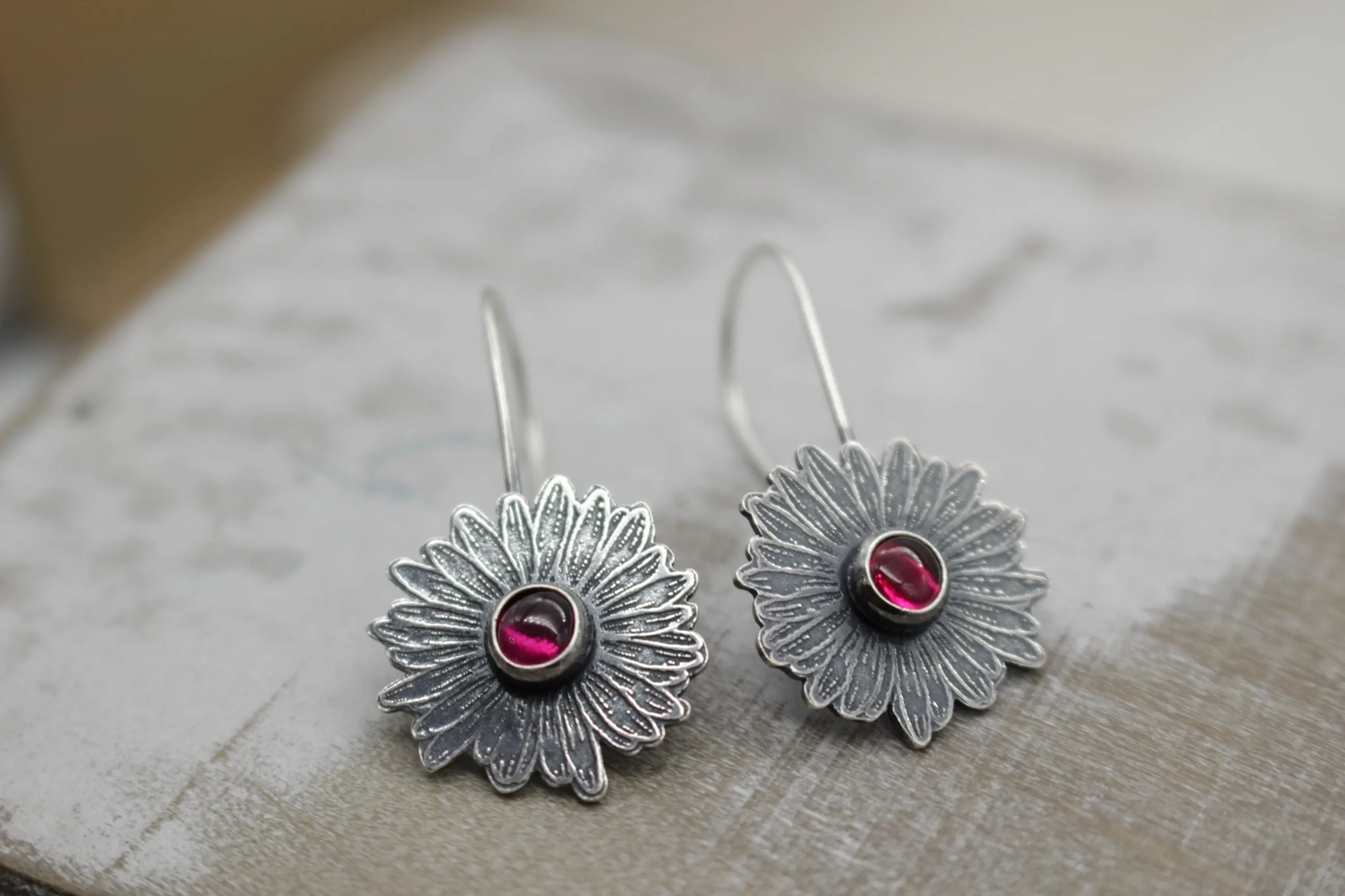 Pink Sapphire Sterling silver daisy earrings