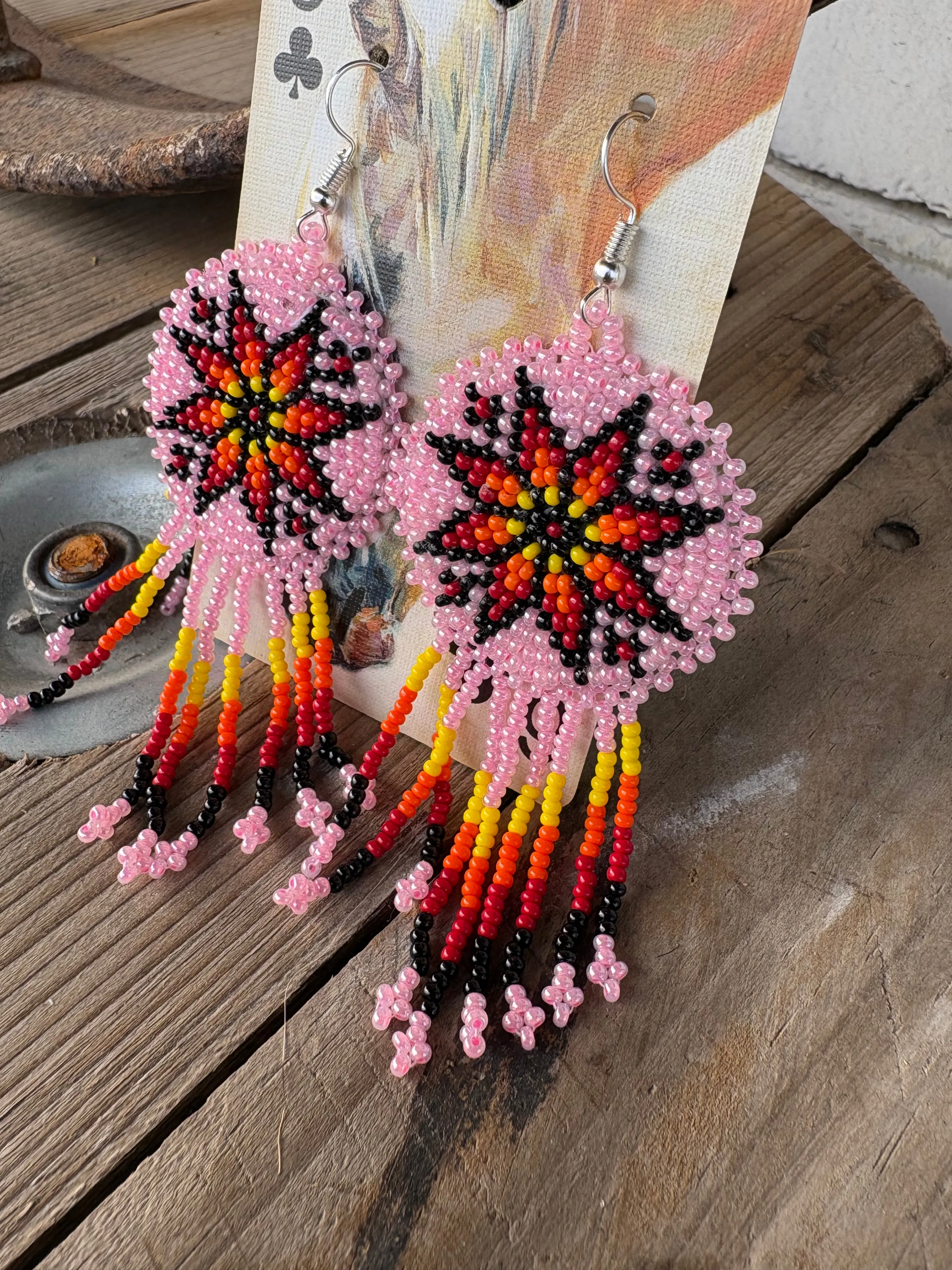 Pink Star Beaded Leather Earrings