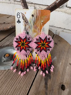 Pink Star Beaded Leather Earrings